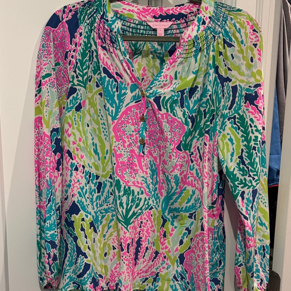 Lilly Pulitzer Silk Pink and Green Floral Blouse
